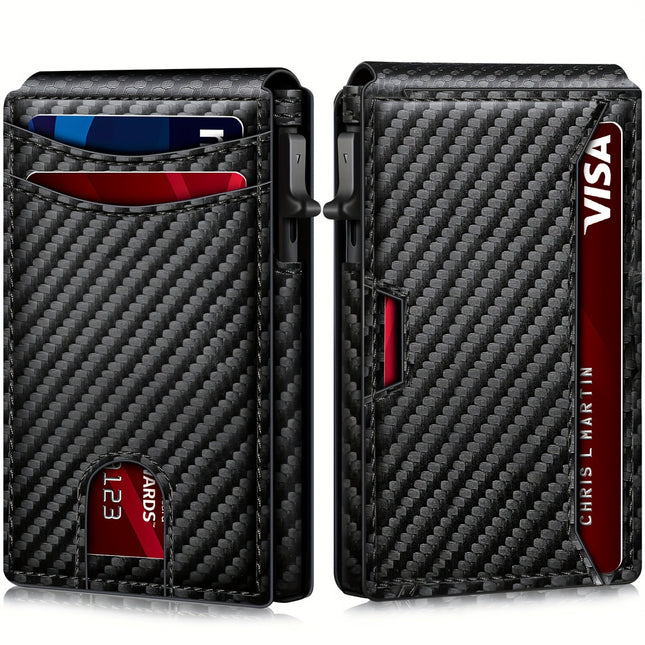 Carbon Fiber Bi-Fold Men's Wallet with Magnetic Slide-Out Card Holder and Anti-Theft Protection