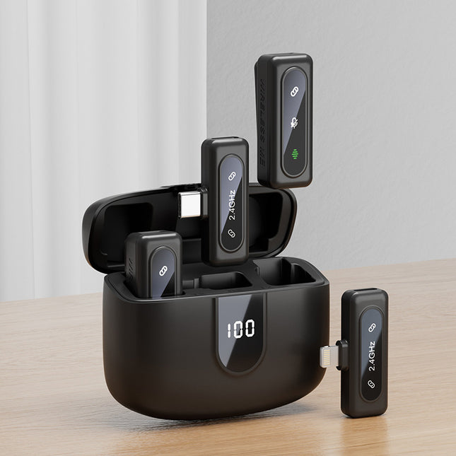 Wireless Lavalier Microphone with Intelligent Noise Reduction and Digital Charging Display Case