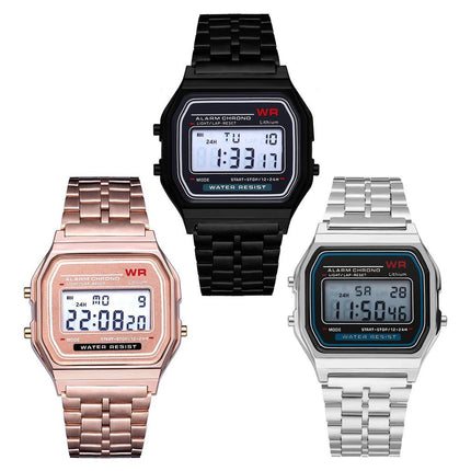 Childrens Electronic Sports Wristwatch with Steel Band and Night Light Feature Multi-Color Dial