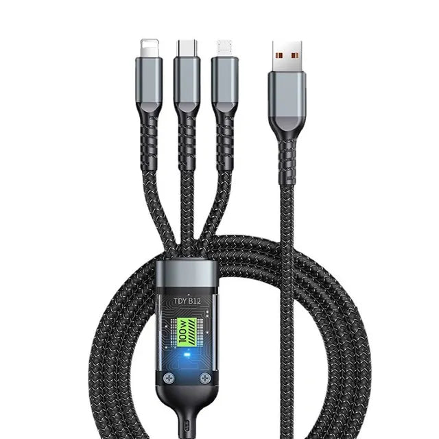 3-in-1 Fast Charging Cable 100W USB-C Micro USB Data Sync Cord for iPhone Android Smartphones