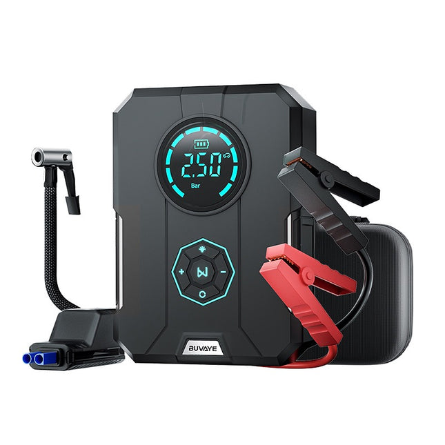 Portable Car Tire Inflator and Emergency Jump Starter Power Supply for Roadside Assistance Needs