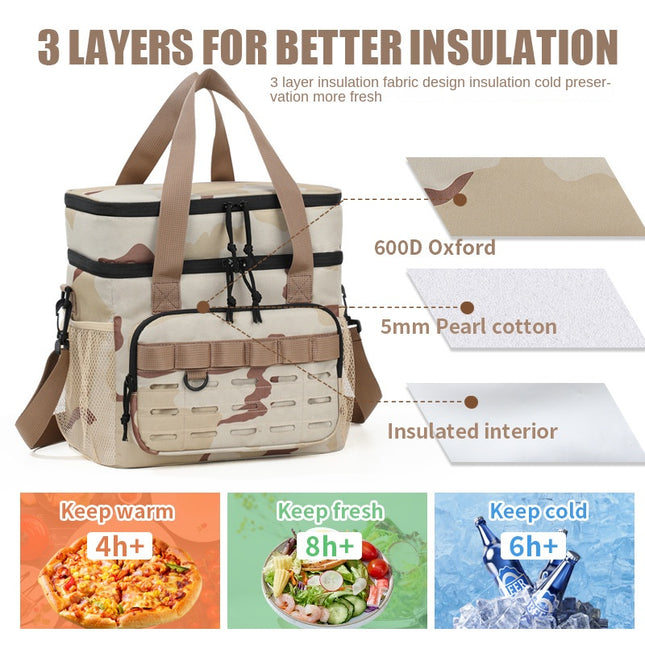 Large Capacity Double-Layer Camouflage Cooler Bag Insulated Shoulder Tote for Picnic Food Delivery