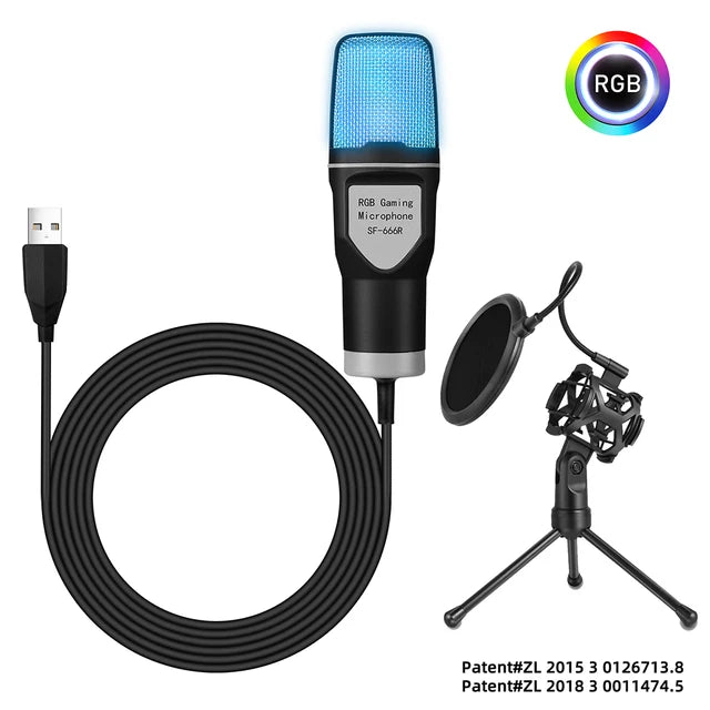 USB Condenser Microphone with RGB Seven Color Lighting and Shock Mount for Gaming PC Recording