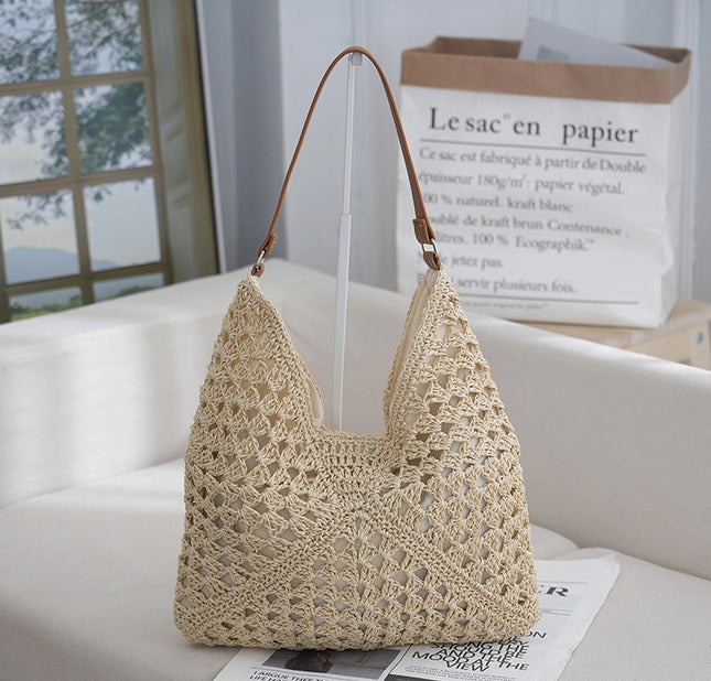 Hollow Out Woven Straw Shoulder Bag Bohemian Style Summer Beach Handbag With Stylish Belt Accent