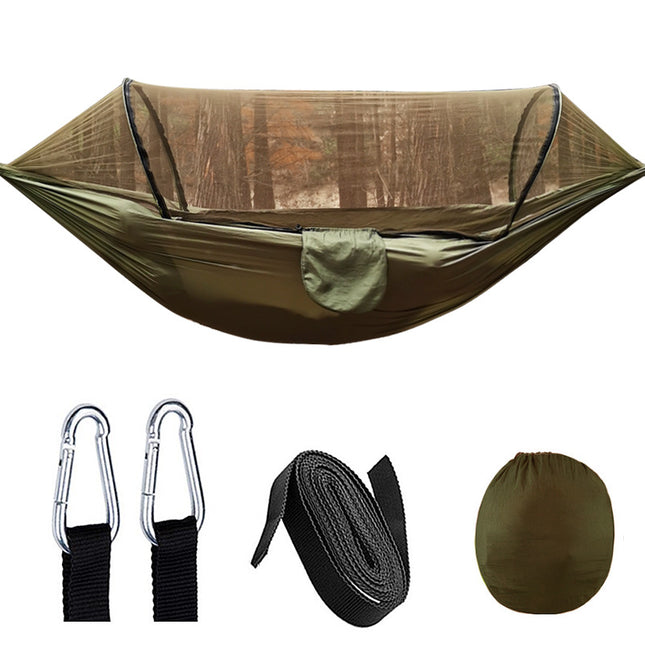 Portable Automatic Quick Opening Camping Hammock with Anti Roll Nylon Fabric and Mosquito Net
