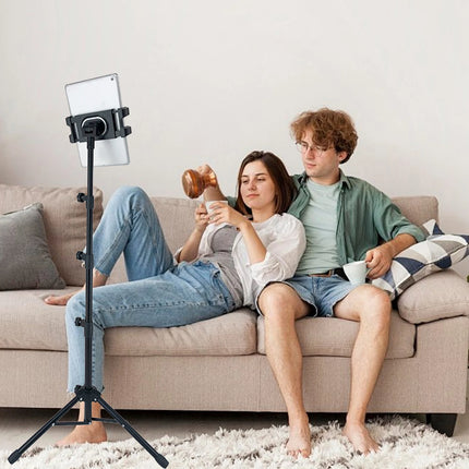Soporte de suelo ajustable para tabletas de 55-145cm para iPad y iPhone de 4.7 a 12.9 pulgadas, soporte portátil y plegable para videos