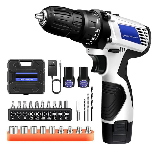 12V Cordless Drill Driver Kit with 2 Batteries, 45Nm Torque, 2-Speed Electric Screwdriver Tool Set
