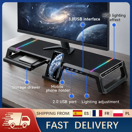 Foldable Monitor Stand Riser with USB Hub, RGB Lighting, Storage Drawer, Tablet Holder for Desk