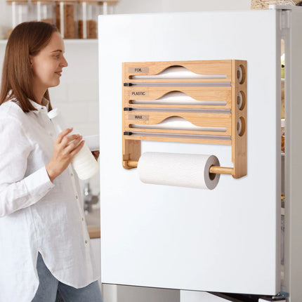 Bamboo Foil and Plastic Wrap Dispenser Wall Mount Kitchen Drawer Organizer for Food Storage Holder