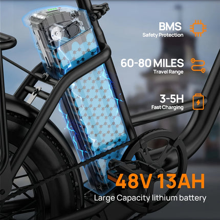 1000W Fat Tire Electric Bike with 48V 13Ah Removable Battery and 7-Speed Gears for Adult Commuting