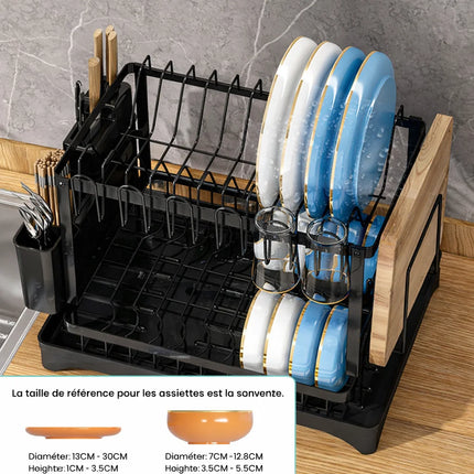 2-stufiger Geschirrabtropfständer aus Kohlenstoffstahl mit selbstablaufendem Ausguss für Küchenspüle und Arbeitsplatte