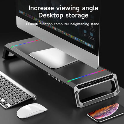 Foldable Monitor Stand Riser with USB Hub, RGB Lighting, Storage Drawer, Tablet Holder for Desk