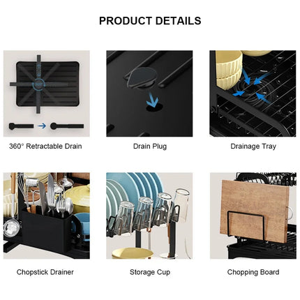 2-stufiger Küchen-Geschirrabtropfständer mit drehbarem Abfluss und abnehmbarem Korb für die Arbeitsplatte