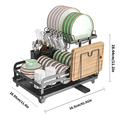 2-stufiger Geschirrabtropfständer mit Abtropfbrett und Besteckhalter – Küchenorganizer aus Kohlenstoffstahl für Spüle