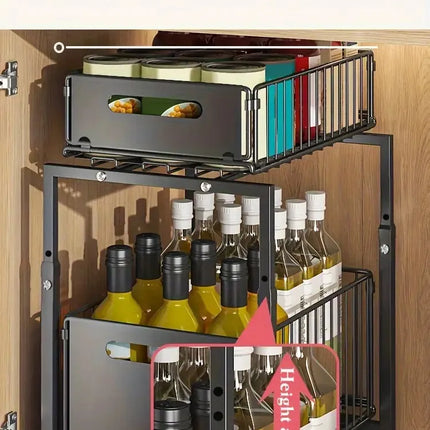 2-stufiger ausziehbarer Küchenorganizer-Schublade, verstellbares Stahlregal für Gewürzaufbewahrung unter der Spüle