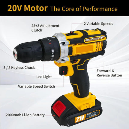 18V Akku Gebürsteter Elektrischer Bohrschrauber - 3/8 Zoll Schnellspannbohrfutter Hoher Drehmoment Haushaltswerkzeug