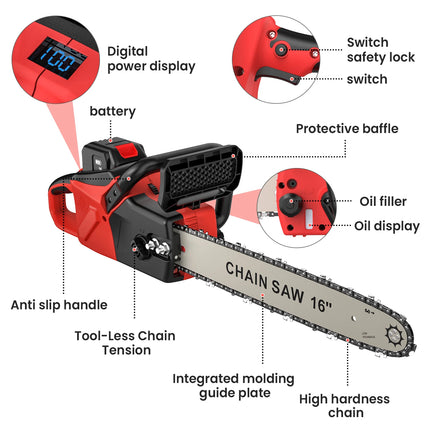 16 Zoll kabellose elektrische Kettensäge 21V bürstenloser Motor 2000W Holzverarbeitung Garten Forstwerkzeug
