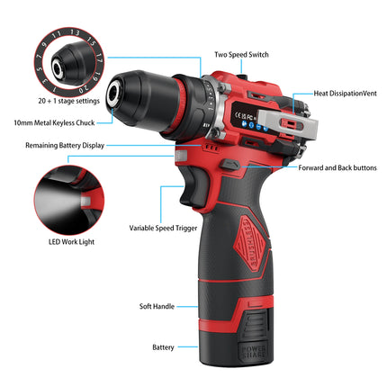 16,8V Akku Bürstenloser Schlagbohrschrauber 80NM Drehmoment 2-Gang Werkzeug mit 10mm Bohrfutter