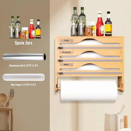 Bamboo Foil and Plastic Wrap Dispenser Wall Mount Kitchen Drawer Organizer for Food Storage Holder