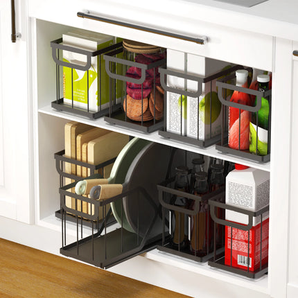 2er-Pack schlanker ausziehbarer Schrankorganizer für Küche und Bad, Unterschrank-Aufbewahrung, Kohlenstoffstahlgestell