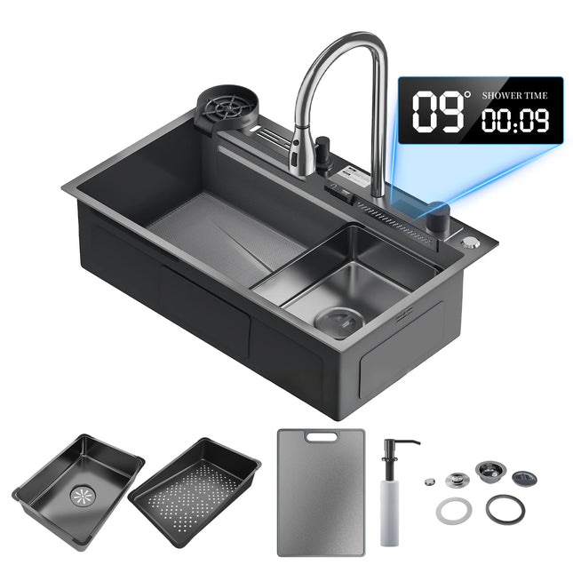 Stainless Steel Kitchen Sink with Digital Display and Waterfall Faucet 75x45cm Single Bowl Basin