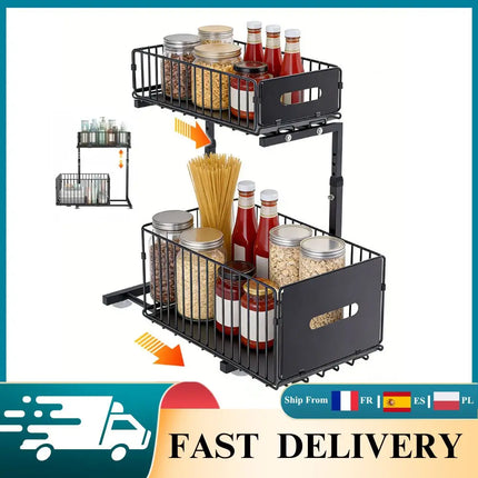 2-stöckiger verstellbarer Ausziehschrank-Organizer unter der Spüle, Schubladen-Aufbewahrungsregal für die Küche