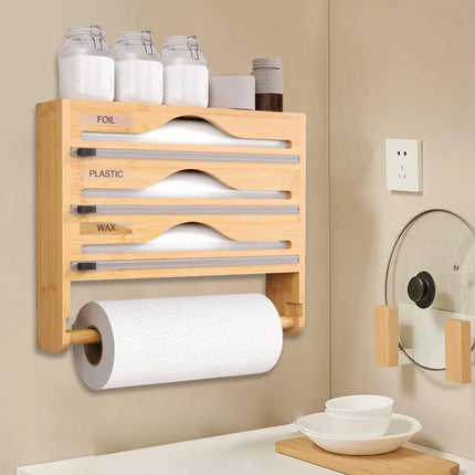 Bamboo Foil and Plastic Wrap Dispenser Wall Mount Kitchen Drawer Organizer for Food Storage Holder
