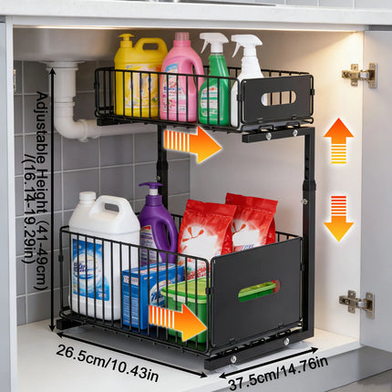2-stöckiger verstellbarer Ausziehschrank-Organizer unter der Spüle, Schubladen-Aufbewahrungsregal für die Küche