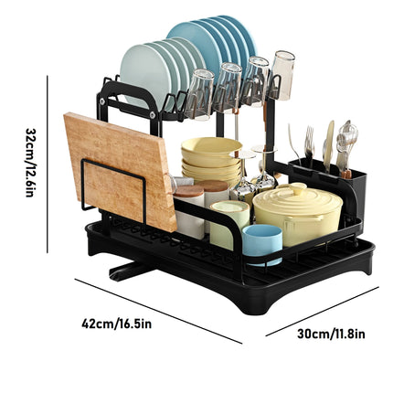 2-stufiger Geschirrabtropfständer mit Abtropfbrett und Besteckhalter – Küchenorganizer aus Kohlenstoffstahl für Spüle