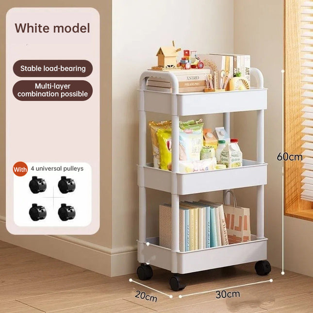 Multifunctional White Rolling Storage Cart with Open Shelves for Kitchen and Bedroom Organization