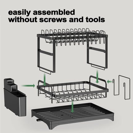 2-stufiger Geschirrabtropfständer mit Abtropfbrett – kompakter Carbonstahl-Küchenarbeitsplatten-Organizer