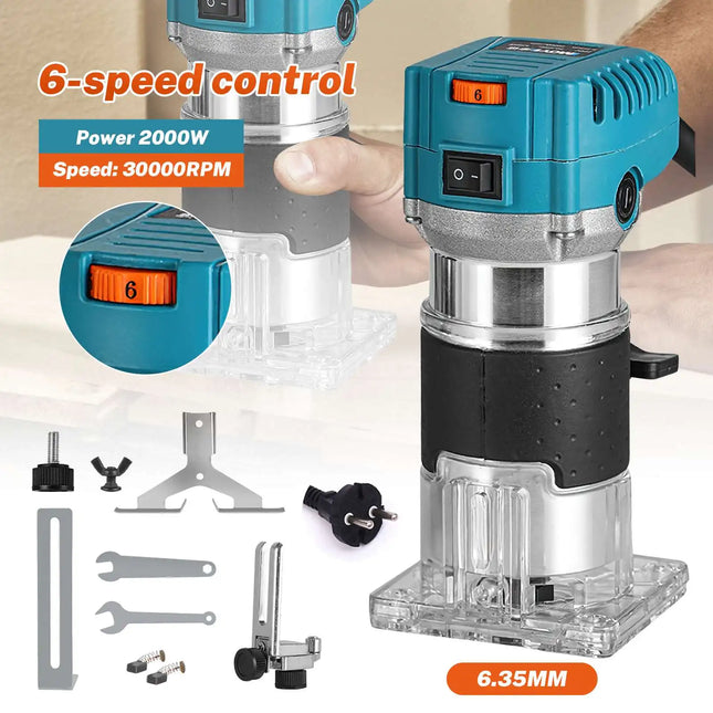 2000W Elektrischer Holzfräser 6,35mm Drehzahlregelbar Kantenfräse für Laminat 30.000 U/min