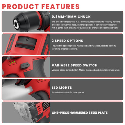 16,8V Akku Bürstenloser Schlagbohrschrauber 80NM Drehmoment 2-Gang Werkzeug mit 10mm Bohrfutter