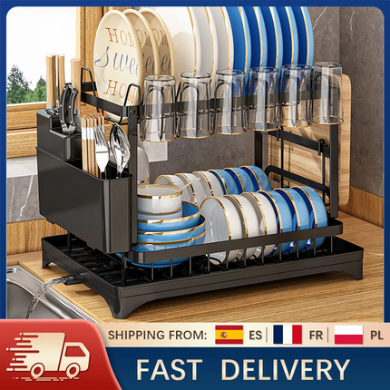2-stufiger Geschirrabtropfständer mit Abtropfbrett und Besteckhalter – Küchenorganizer aus Kohlenstoffstahl für Spüle