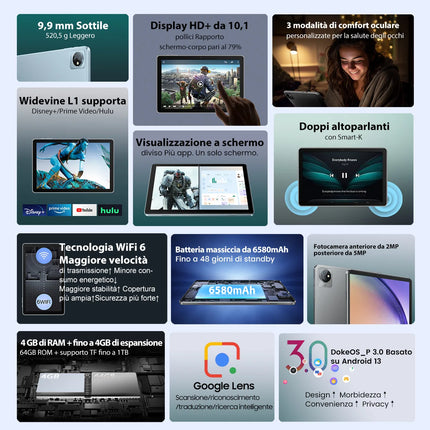 10.1 Inch Android 13 Tablet, Quad-Core 4GB RAM 64GB ROM, HD IPS Display, WiFi 6, 6580mAh Battery