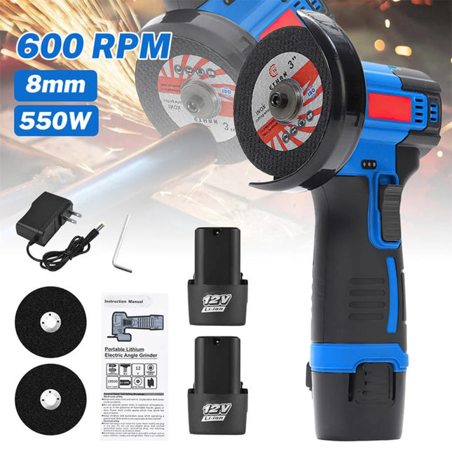12V Cordless Mini Angle Grinder - 550W Brushed Motor Handheld Cutting and Polishing Tool with 2 Battery
