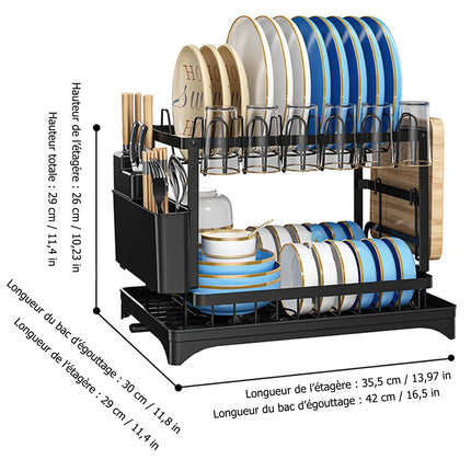 2-stufiger Geschirrabtropfständer aus Kohlenstoffstahl mit selbstablaufendem Ausguss für Küchenspüle und Arbeitsplatte