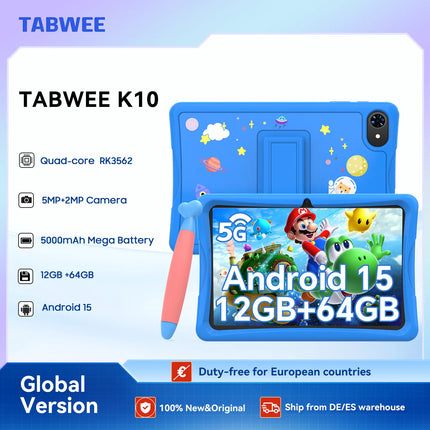 10.1 Inch Kids Tablet Android 15, 4GB RAM 64GB ROM, 5G WiFi, 5000mAh Battery, Dual Camera, IPS Screen