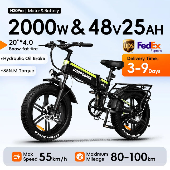 2000W Klappbares elektrisches Mountainbike mit 48V 25Ah Akku und 20-Zoll Fat Tires, hydraulische Bremsen