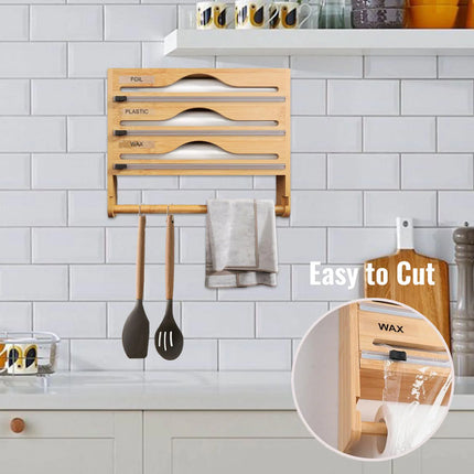 Bamboo Foil and Plastic Wrap Dispenser Wall Mount Kitchen Drawer Organizer for Food Storage Holder