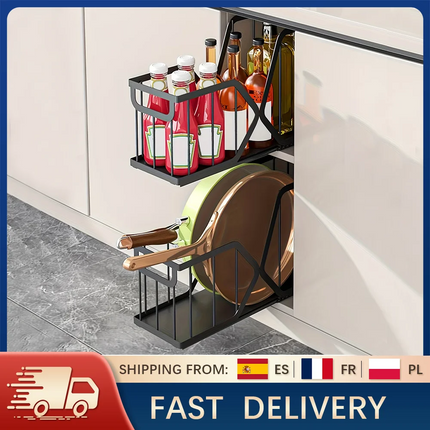 2er-Pack schlanker ausziehbarer Schrankorganizer für Küche und Bad, Unterschrank-Aufbewahrung, Kohlenstoffstahlgestell