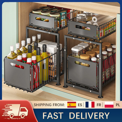 2-stufiger ausziehbarer Küchenorganizer-Schublade, verstellbares Stahlregal für Gewürzaufbewahrung unter der Spüle