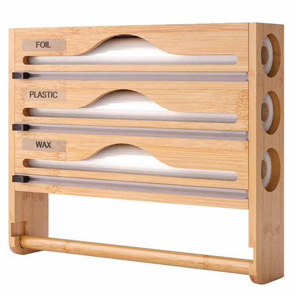 Bamboo Foil and Plastic Wrap Dispenser Wall Mount Kitchen Drawer Organizer for Food Storage Holder