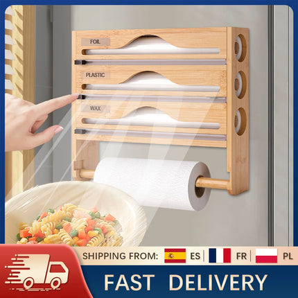 Bamboo Foil and Plastic Wrap Dispenser Wall Mount Kitchen Drawer Organizer for Food Storage Holder