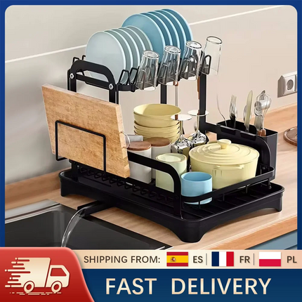 2-stufiger Küchen-Geschirrabtropfständer mit drehbarem Abfluss und abnehmbarem Korb für die Arbeitsplatte
