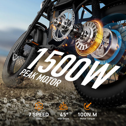 1500W Elektrisches Mountainbike 48V 15,6Ah Akku 20x4 Zoll Fat Tires Langstrecken Offroad E-Bike