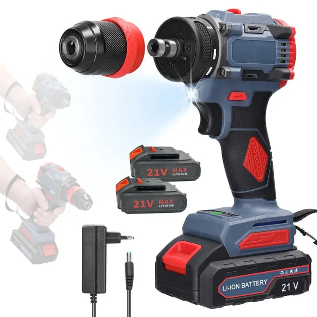 21V Cordless Brushless Impact Drill and Electric Screwdriver Set with 55Nm Torque and Two Batteries