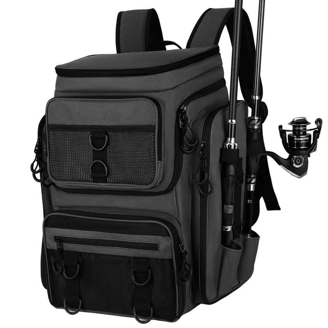 Durable Fishing Backpack with Integrated Rod Holder Tackle Organizer and Large Hiking Storage Bag