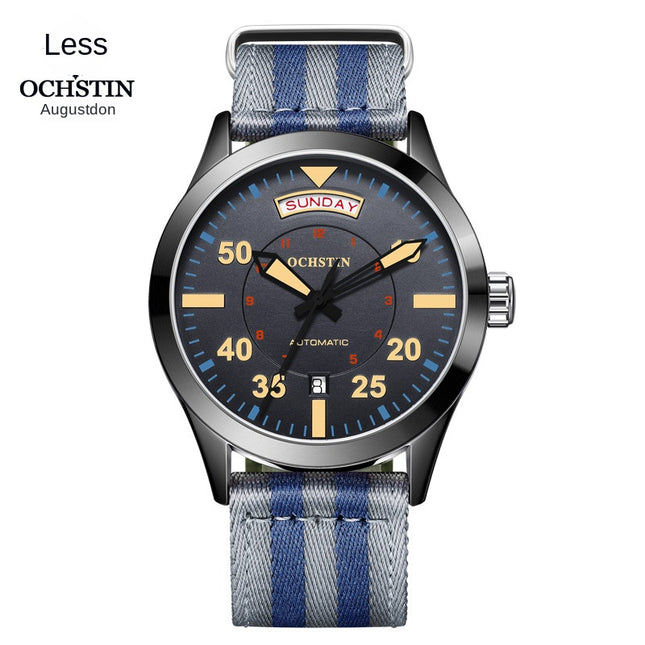 Automatic Mechanical Men's Watch with Dual Date Display Luminous Hands and Durable Nylon Strap