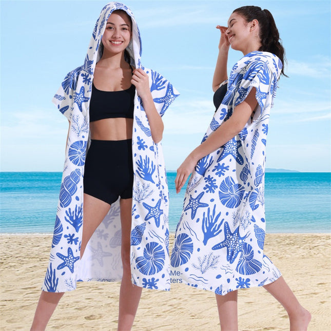 Ultra-Fine Fiber Wearable Hooded Bathrobe Cape Zippered Beach Towel for Comfortable Quick Drying
